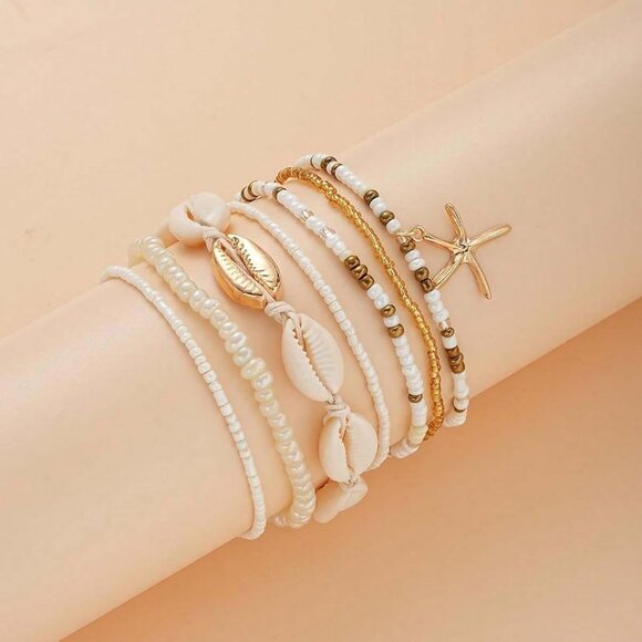 Shell Ankle Bracelet Set for Women Gold Plated Boho Bead Adjustable Anklet Gifts - Picture 6 of 7